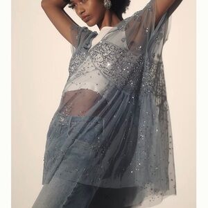 Anthropologie Short Sleeve Sheer Embellished Tunic Mesh Shirt Blouse XXSP Petite